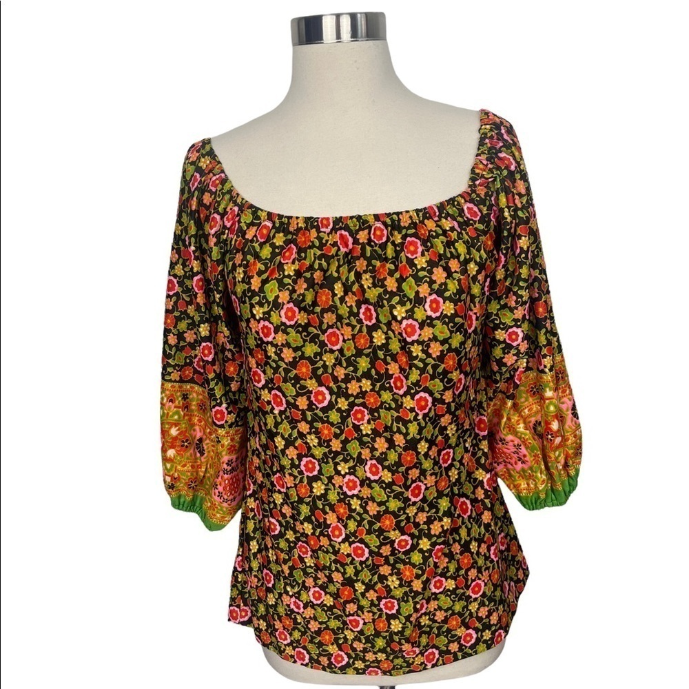 VTG 60’s-70’s Aladdin Multicolored Floral Wide Neck‎ Peasant Blouse Large.